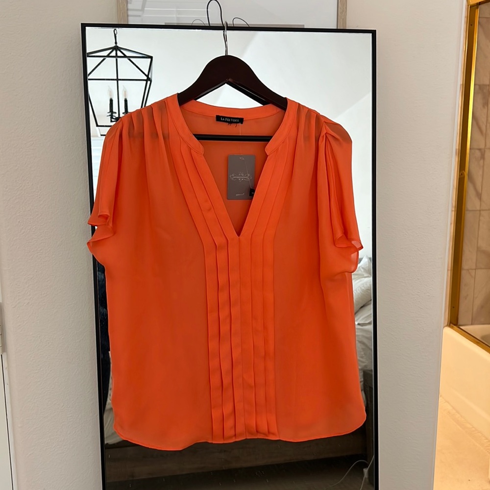 Anthropologie La Fée Verte Small Coral Pleated Short-Sleeve Blouse